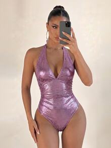 Sirith Women's Halter V-Neck Sexy Backless One-Piece Swimsuit, Summer Beach Resort Wear' - Pink - View 1