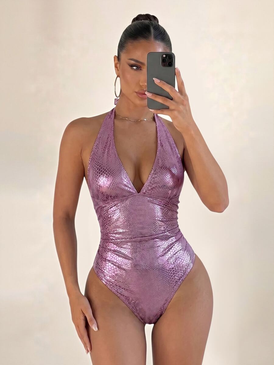 Sirith Women's Halter V-Neck Sexy Backless One-Piece Swimsuit, Summer Beach Resort Wear' - Pink - View 1