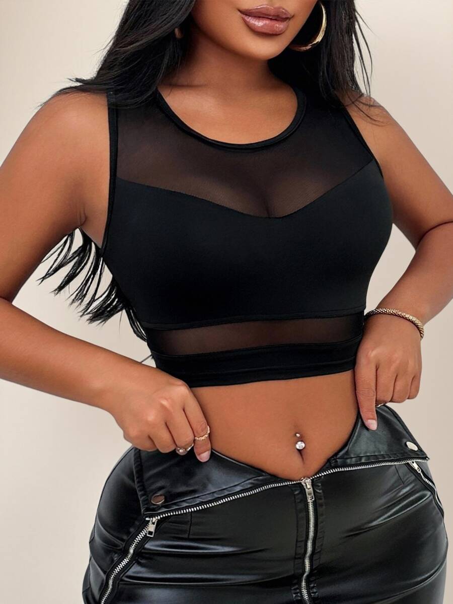 Sirith Summer Fashionable Sexy Contrast Mesh Crop Top - Black - View 1