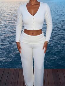 Sirith Women's Fashion Gentle Style Casual Button Cropped Long Sleeve Knit Top Everyday Off-White Autumn - Beige - View 7