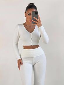 Sirith Women's Fashion Gentle Style Casual Button Cropped Long Sleeve Knit Top Everyday Off-White Autumn - Beige - View 5