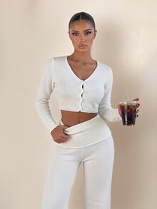 Sirith Women's Fashion Gentle Style Casual Button Cropped Long Sleeve Knit Top Everyday Off-White Autumn - Beige - View 1