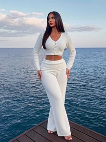 Sirith Women's Fashion Gentle Style Casual Button Cropped Long Sleeve Knit Top Everyday Off-White Autumn - Beige - View 3