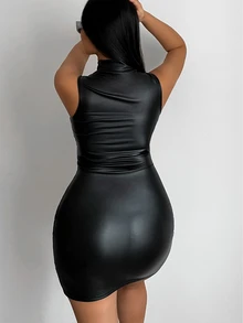 Sirith Vestido ajustado de cuello alto PU - Negro - Ver 2