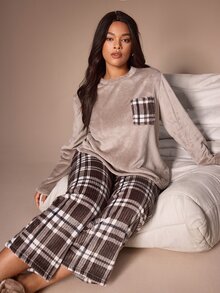 Lazeform Casual Plush Plaid Print Long Sleeve Pants Pajama Set Plus Size Sleep Night Winter - Multicolor - View 1