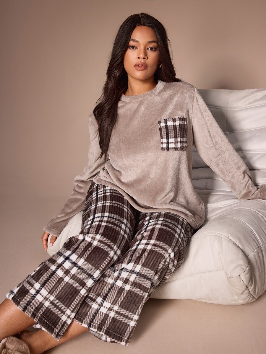 Lazeform Casual Plush Plaid Print Long Sleeve Pants Pajama Set Plus Size Sleep Night Winter - Multicolor - View 1
