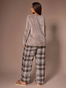 Lazeform Casual Plush Plaid Print Long Sleeve Pants Pajama Set Plus Size Sleep Night Winter - Multicolor - View 2