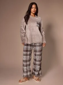 Lazeform Casual Plush Plaid Print Long Sleeve Pants Pajama Set Plus Size Sleep Night Winter - Multicolor - View 7