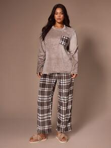 Lazeform Casual Plush Plaid Print Long Sleeve Pants Pajama Set Plus Size Sleep Night Winter - Multicolor - View 4