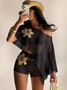 Sirith 2026 New Women's Black Summer Bohemian Exquisite Hollow-Out Semi-Sheer Mesh Open Shoulder Printed Beach 2 Pieces Cover-Up Set - Black - View 1