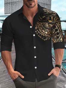 Calvornis 男士幾何印花長袖休閒襯衫，春秋款，黑金配色，適合秋季，正式場合 - 黑色 - 查看 1