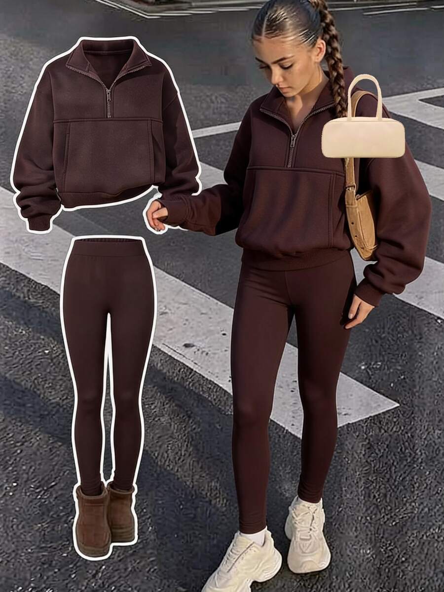 Teen Girl Sweatshirt Set Half-Zip Stand Collar High-Waist Slim Leggings ...