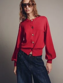 MOTF PREMIUM AUTUMN/WINTER CASUAL FRONT BUTTON KNIT CARDIGAN - Red - View 5