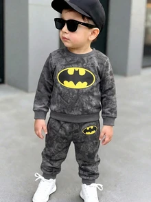 BATMAN X SHEIN 2件組男嬰卡通圖案長袖柔軟休閒套裝，適合日常玩耍，秋冬款 - 彩色 - 查看 8