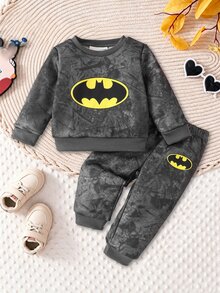 BATMAN X SHEIN 2件組男嬰卡通圖案長袖柔軟休閒套裝，適合日常玩耍，秋冬款 - 彩色 - 查看 3