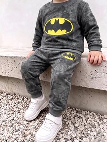BATMAN X SHEIN 2件組男嬰卡通圖案長袖柔軟休閒套裝，適合日常玩耍，秋冬款 - 彩色 - 查看 1