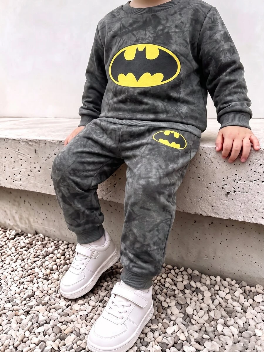 BATMAN X SHEIN 2件組男嬰卡通圖案長袖柔軟休閒套裝,適合日常玩耍,秋冬款 - 彩色 - 查看 1