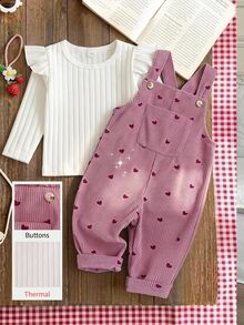 SHEIN Vintaside Kids 女嬰燈芯絨吊帶褲套裝，秋冬加厚保暖愛心刺繡吊帶褲 + 保暖刷毛針織內搭層，2件套，新款可愛女嬰服飾 - 粉色 - 查看 2