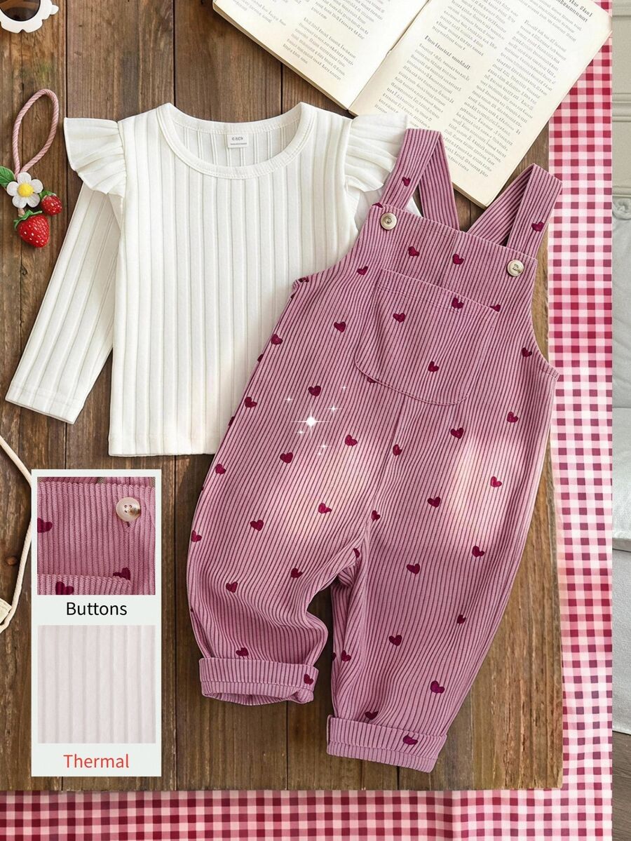 SHEIN Vintaside Kids 女嬰燈芯絨吊帶褲套裝，秋冬加厚保暖愛心刺繡吊帶褲 + 保暖刷毛針織內搭層，2件套，新款可愛女嬰服飾