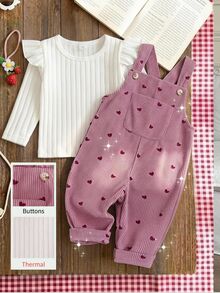SHEIN Vintaside Kids 女嬰燈芯絨吊帶褲套裝，秋冬加厚保暖愛心刺繡吊帶褲 + 保暖刷毛針織內搭層，2件套，新款可愛女嬰服飾 - 粉色 - 查看 11