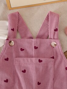 SHEIN Vintaside Kids 女嬰燈芯絨吊帶褲套裝，秋冬加厚保暖愛心刺繡吊帶褲 + 保暖刷毛針織內搭層，2件套，新款可愛女嬰服飾 - 粉色 - 查看 7