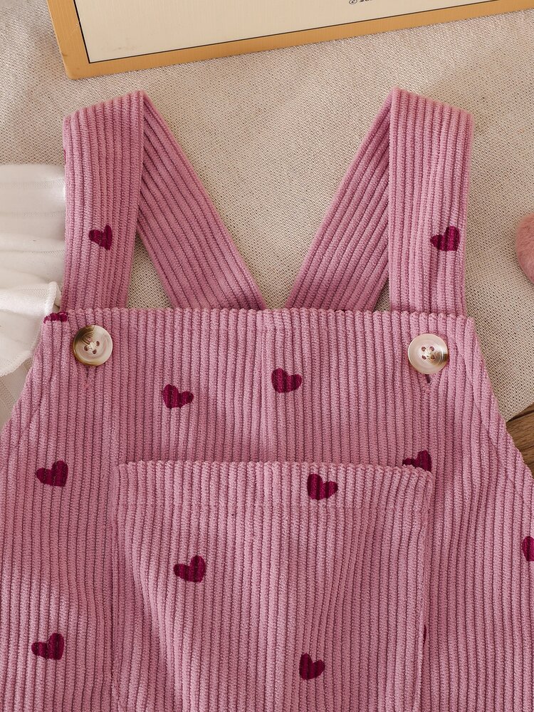 SHEIN Vintaside Kids Set Baju Terusan Bayi Perempuan Bahan Korduroi, Baju Terusan Tebal Hangat Motif Hati untuk Musim Gugur/Dingin + Lapisan Dalam Rajut Hangat, Set 2 Potong, Pakaian Bayi Perempuan Baru yang Lucu - Berwarna merah muda - View 6