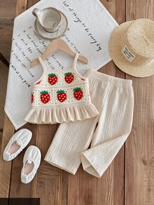 SHEIN 女嬰草莓系列紅白色夏季可愛度假套裝 碎花刺繡時尚背心上衣搭配柔軟素色長褲 Sunshine - 杏色 - 查看 2