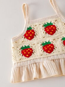 SHEIN 女嬰草莓系列紅白色夏季可愛度假套裝 碎花刺繡時尚背心上衣搭配柔軟素色長褲 Sunshine - 杏色 - 查看 11