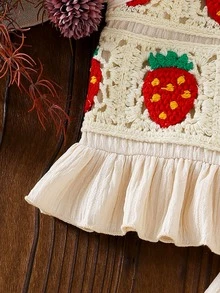SHEIN 女嬰草莓系列紅白色夏季可愛度假套裝 碎花刺繡時尚背心上衣搭配柔軟素色長褲 Sunshine - 杏色 - 查看 7