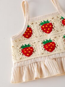 SHEIN 女嬰草莓系列紅白色夏季可愛度假套裝 碎花刺繡時尚背心上衣搭配柔軟素色長褲 Sunshine - 杏色 - 查看 10