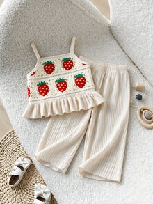 SHEIN 女嬰草莓系列紅白色夏季可愛度假套裝 碎花刺繡時尚背心上衣搭配柔軟素色長褲 Sunshine - 杏色 - 查看 3