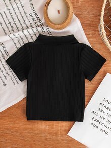 SHEIN Vintaside Kids Unisex Baby Ribbed Polo Neck T-Shirt  White  Suitable For Boys/Girls To Wear In All Occasions Summer  All-Match Versatile Best Choice - Black - View 3