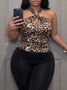 Slaydiva Plus Size Women's Sexy Leopard Print Halter Neck Backless Top, Summer - Brown - View 4