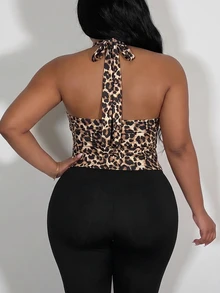 Slaydiva Plus Size Women's Sexy Leopard Print Halter Neck Backless Top, Summer - Brown - View 3