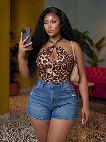 Slaydiva Plus Size Women's Sexy Leopard Print Halter Neck Backless Top, Summer - Brown - View 2