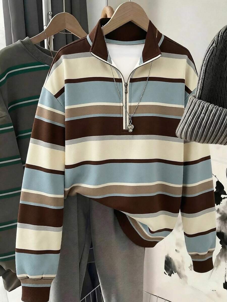 SHEIN LUNE Sweatshirt Setengah Resleting Klasik Motif Garis Vintage Ukuran Plus untuk Wanita - Putih - View 1