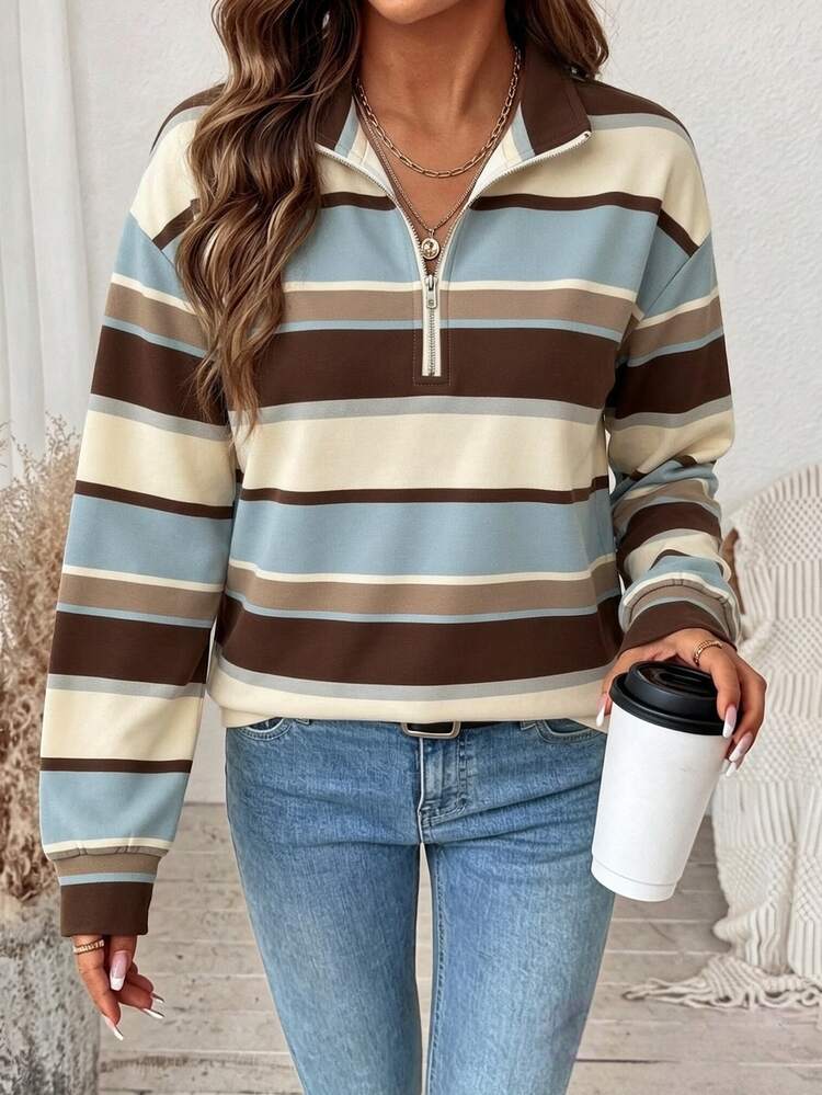 Comfylo Vintage Striped Print Classic Half-Zip Sweatshirt Plus Size Women - White - View 1