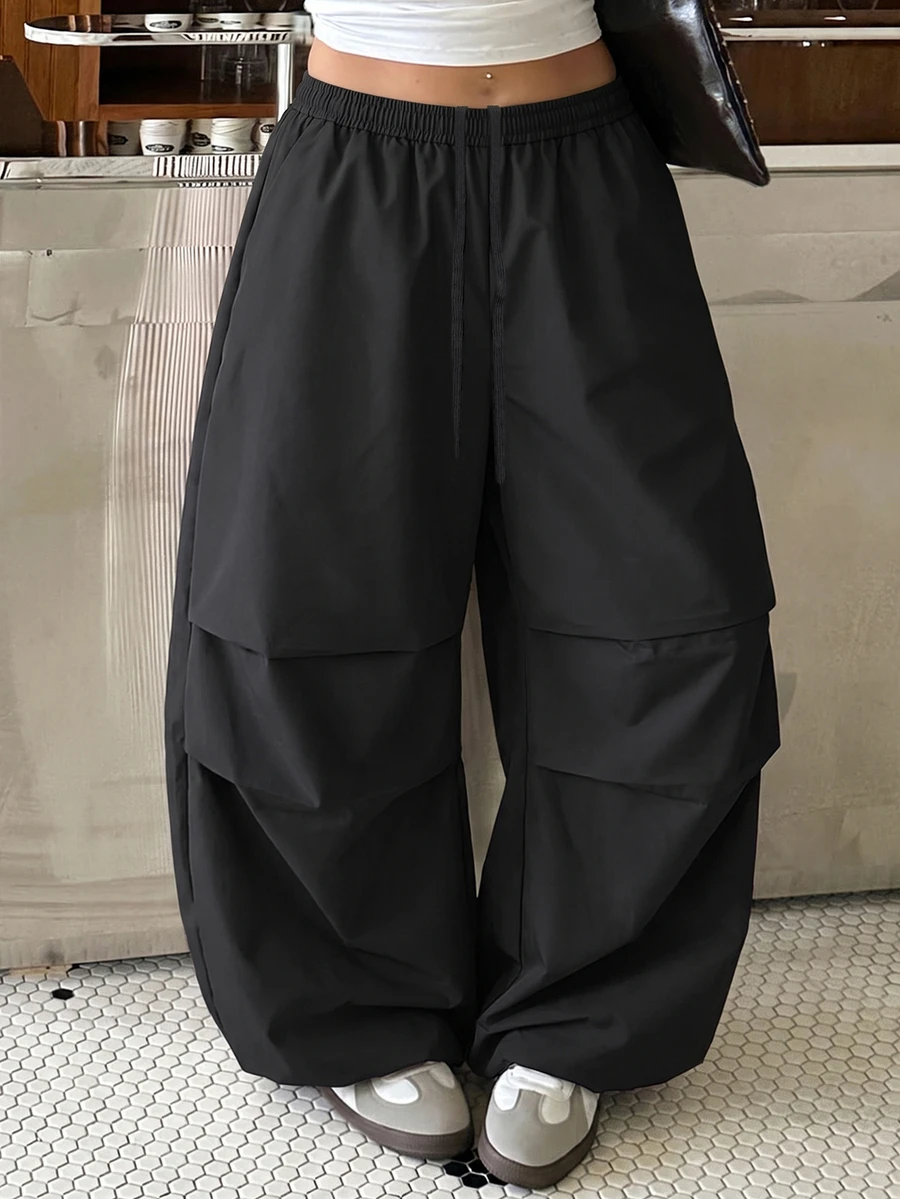 SHEIN EZwear 大尺碼女款純色百褶設計寬腿寬鬆休閒長褲 - 黑色 - 查看 1