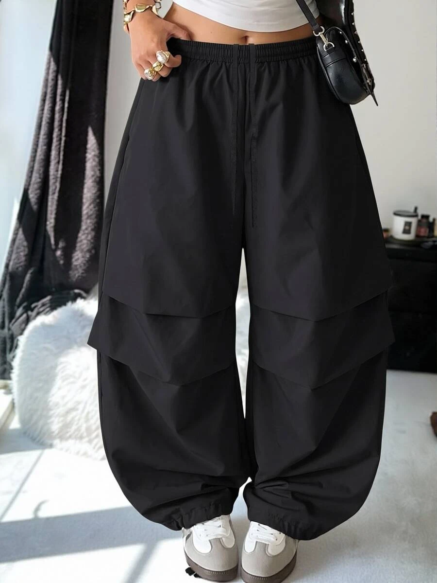 SHEIN EZwear Plus Size Women's Solid Color Pleated Design Wide Leg Loose Casual Long Pants - Black - View 1