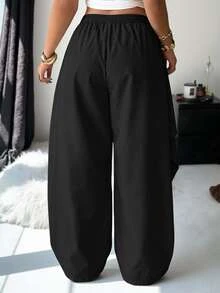 SHEIN EZwear 大尺碼女款純色百褶設計寬腿寬鬆休閒長褲 - 黑色 - 查看 3