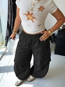 SHEIN EZwear 大尺碼女款純色百褶設計寬腿寬鬆休閒長褲 - 黑色 - 查看 6