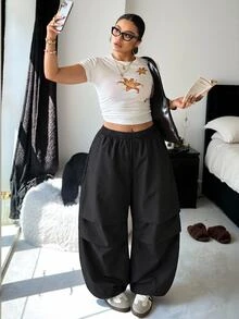 SHEIN EZwear 大尺碼女款純色百褶設計寬腿寬鬆休閒長褲 - 黑色 - 查看 7