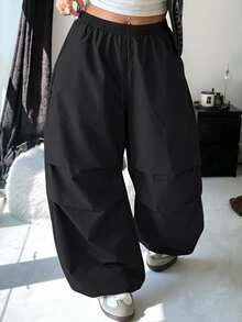 SHEIN EZwear 大尺碼女款純色百褶設計寬腿寬鬆休閒長褲 - 黑色 - 查看 4