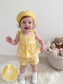 SHEIN 2件套女婴幼儿/新生儿0-3岁休闲日常可爱度假条纹蝴蝶结装饰吊带背心+短裤套装，春夏款 - 黃色 - 查看 9