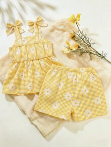 SHEIN 2件套女婴幼儿/新生儿0-3岁休闲日常可爱度假条纹蝴蝶结装饰吊带背心+短裤套装，春夏款 - 黃色 - 查看 3