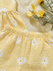 SHEIN 2件套女婴幼儿/新生儿0-3岁休闲日常可爱度假条纹蝴蝶结装饰吊带背心+短裤套装，春夏款 - 黃色 - 查看 8
