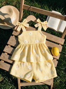 SHEIN 2件套女婴幼儿/新生儿0-3岁休闲日常可爱度假条纹蝴蝶结装饰吊带背心+短裤套装，春夏款 - 黃色 - 查看 2
