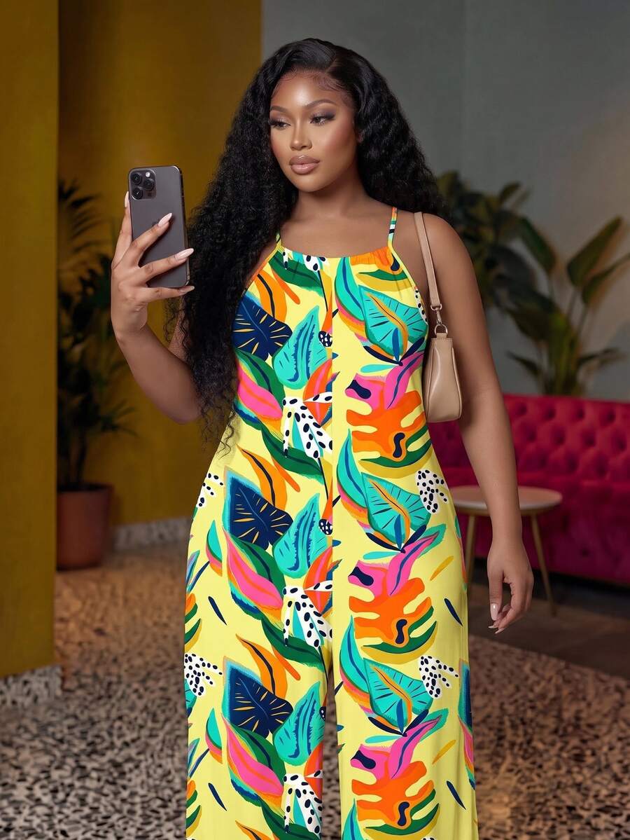 Veslaya Plus Size Women's All-Over Print Pleated Casual Tropical Daily Outing Beach Vacation Camisole Jumpsuit Yellow Summer - Multicolor - View 1
