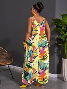 Veslaya Plus Size Women's All-Over Print Pleated Casual Tropical Daily Outing Beach Vacation Camisole Jumpsuit Yellow Summer - Multicolor - View 2
