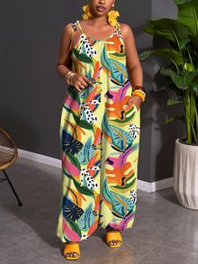 Veslaya Plus Size Women's All-Over Print Pleated Casual Tropical Daily Outing Beach Vacation Camisole Jumpsuit Yellow Summer - Multicolor - View 4